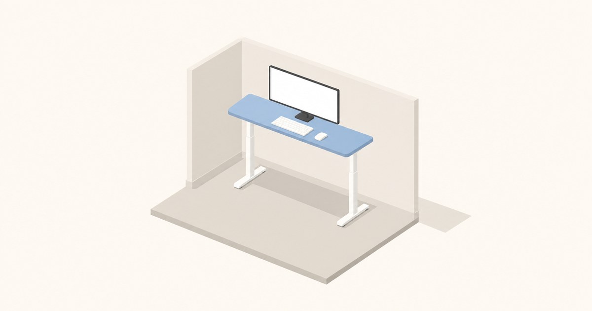 Minimal isometric home office with a shallow blue standing desk, widescreen monitor, keyboard, and mouse tucked into a compact corner.