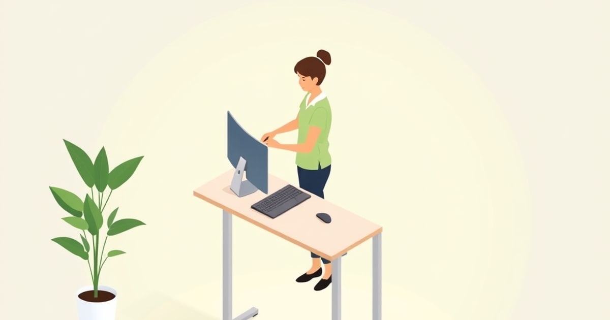 Flat isometric illustration of a person working while standing at a raised sit-stand desk with a monitor, keyboard and a potted plant alongside