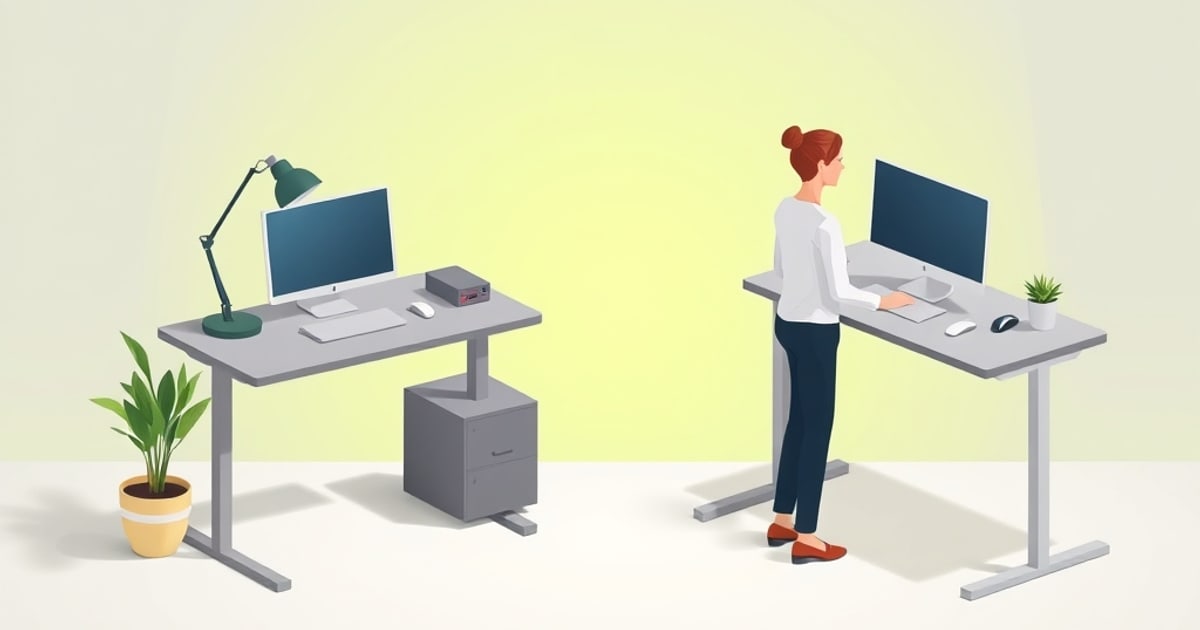 Two illustrated office setups side by side: a lower desk with monitor, lamp and file cabinet, and a woman working at a raised standing desk with a plant.