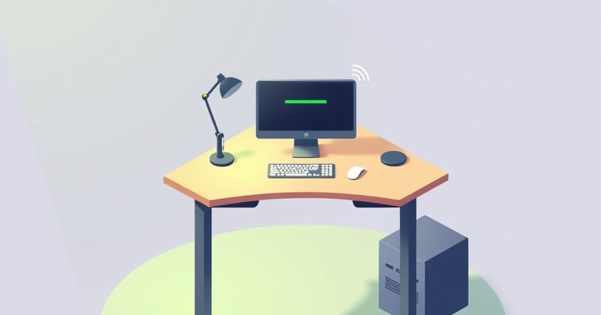 Flat isometric illustration of a height-adjustable corner desk with a monitor showing a green bar, a lamp, keyboard, mouse and a PC tower underneath.